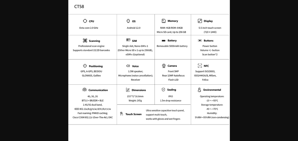 CT58 Enterprise Barcode Scanner with Android 12 - SPECS